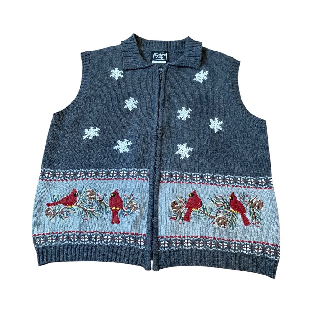 Southern Lady Cardigan Vest Large Gray Snowflake Cardinal Bird Knit‎ Full Zip